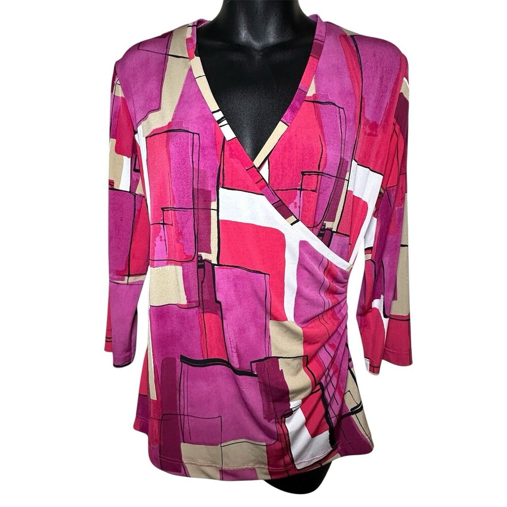 Chico’s Sz 0 Blouse Wrap Style Geometric Pink Red